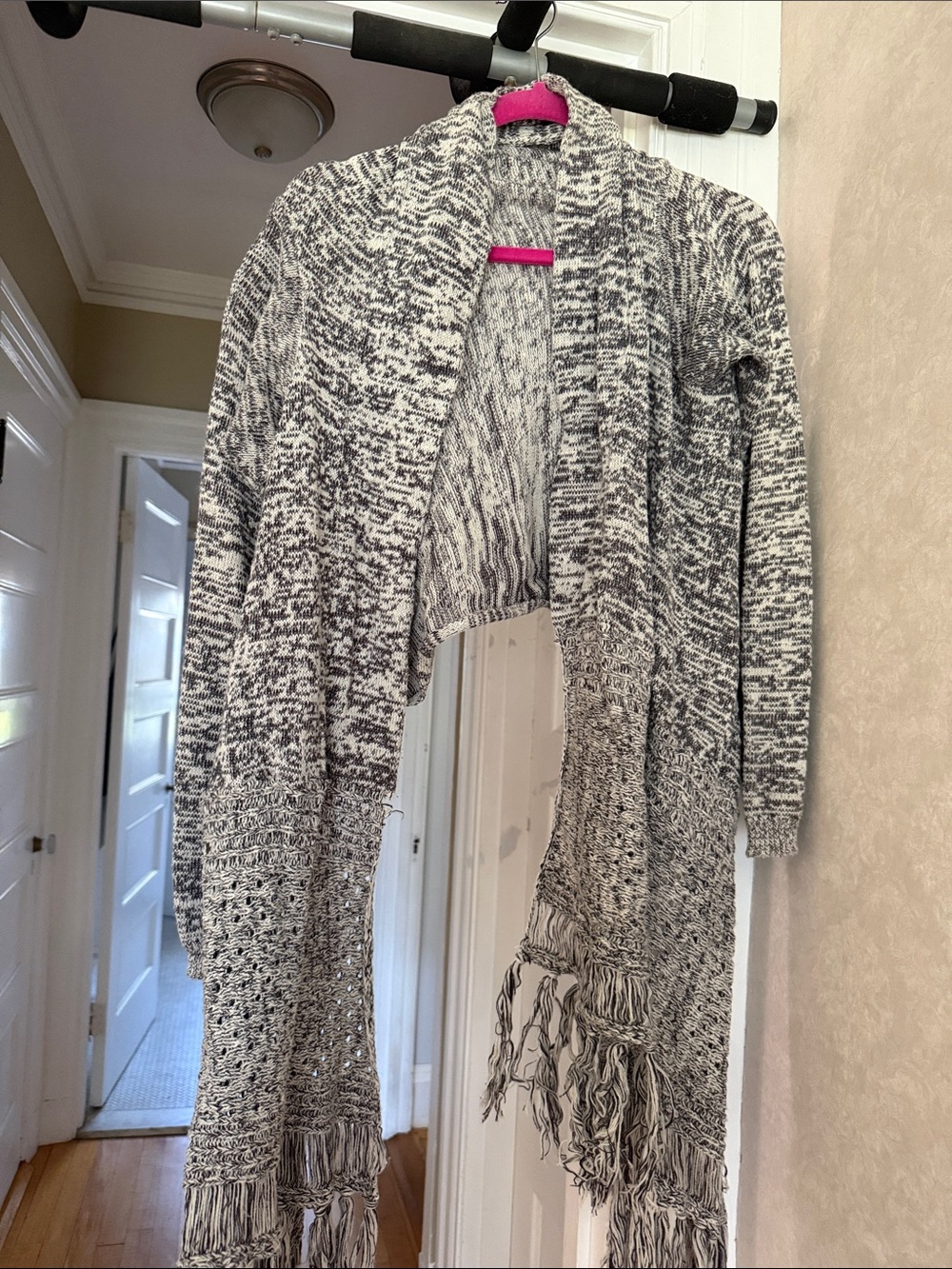 Open-Front Marled Gray & White Fringe Cardigan Sweater